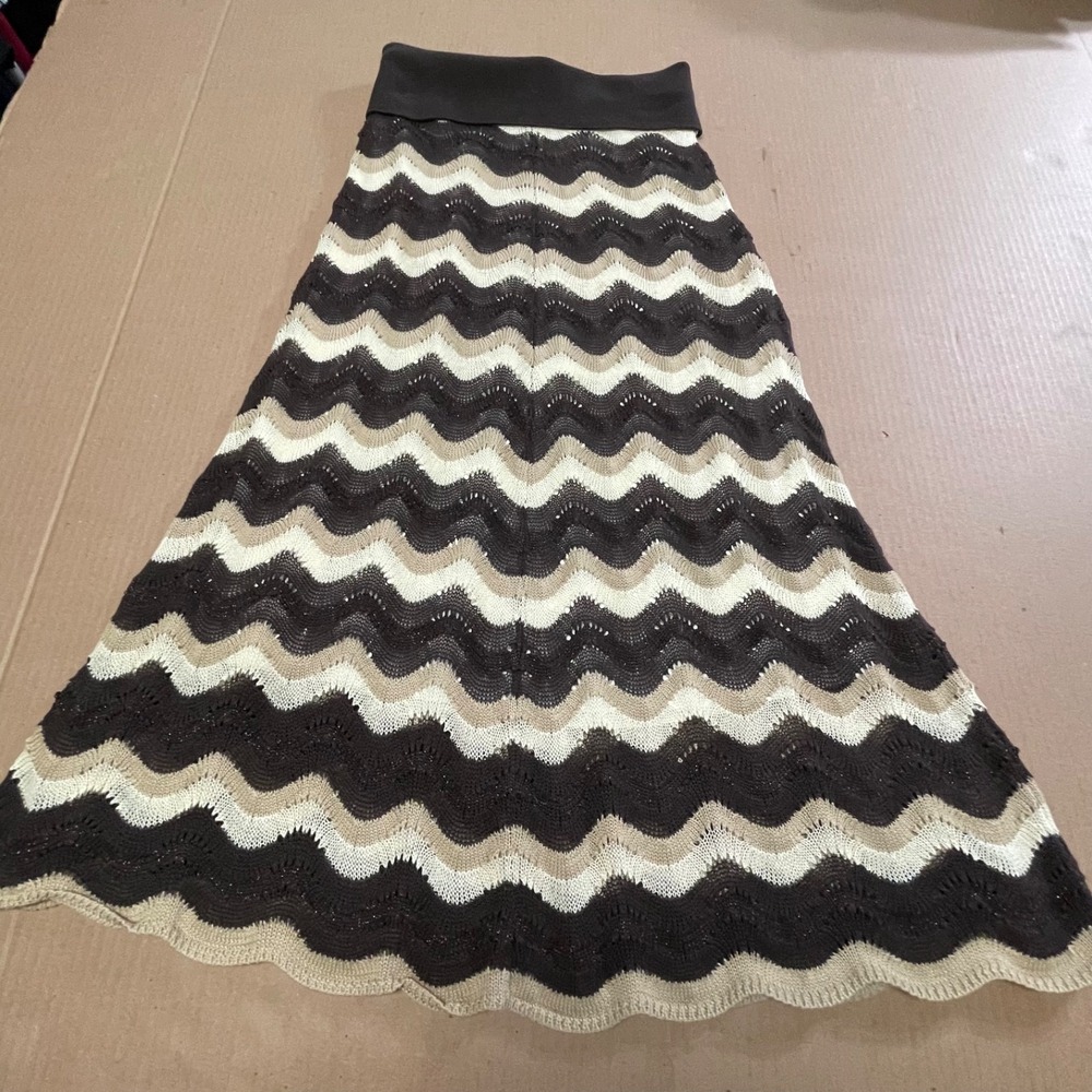 Vintage Dorothée Bis Small Red Tag Neutral Chevron Crochet Knit Maxi Skirt Lined